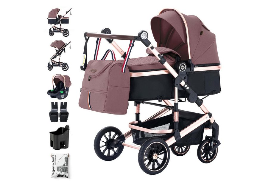Daliya® Kombi-Kinderwagen NEOMOVE 3in1 Kinderwagen mit i-Size Babyschale & Buggy, (Reise-Set, 10-tlg), Kinderwagen mit i-Size Babyschale, Alu-Rahmen, Großer Einkaufskorb von Daliya®
