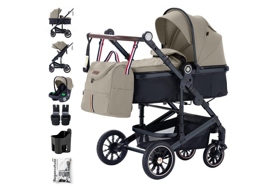 Daliya® Kombi-Kinderwagen NEOMOVE 3in1 Kinderwagen mit i-Size Babyschale & Buggy, (Reise-Set, 10-tlg), Kinderwagen mit i-Size Babyschale, Alu-Rahmen, Großer Einkaufskorb von Daliya®