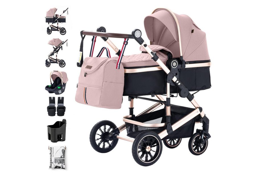 Daliya® Kombi-Kinderwagen NEOMOVE 3in1 Kinderwagen mit i-Size Babyschale & Buggy, (Reise-Set, 10-tlg), Kinderwagen mit i-Size Babyschale, Alu-Rahmen, Großer Einkaufskorb von Daliya®