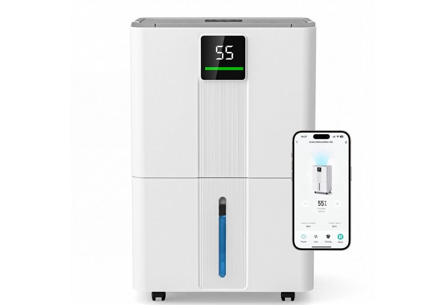Furnicopia Luftentfeuchter 35 L/Tag WLAN, 5,5 LTank, Sensor, leise, Auto-Abtauung, Timer, für 200 m³ Räume, Entfeuchtung 30 l/Tag, Tank 5,5 l, R290, 5,5L Tank, Timer, Kindersicherung & 360° Rollen. von Furnicopia