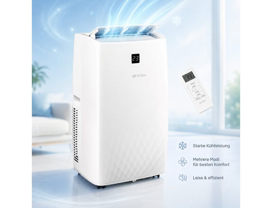 VESKA Klimagerät 4-in-1-Klimagerät 12000 BTU Mobile Klimaanlage Kühlgerät, Leise mit Fernbedienung, Timer, Digitaldisplay, Abluftschlauch