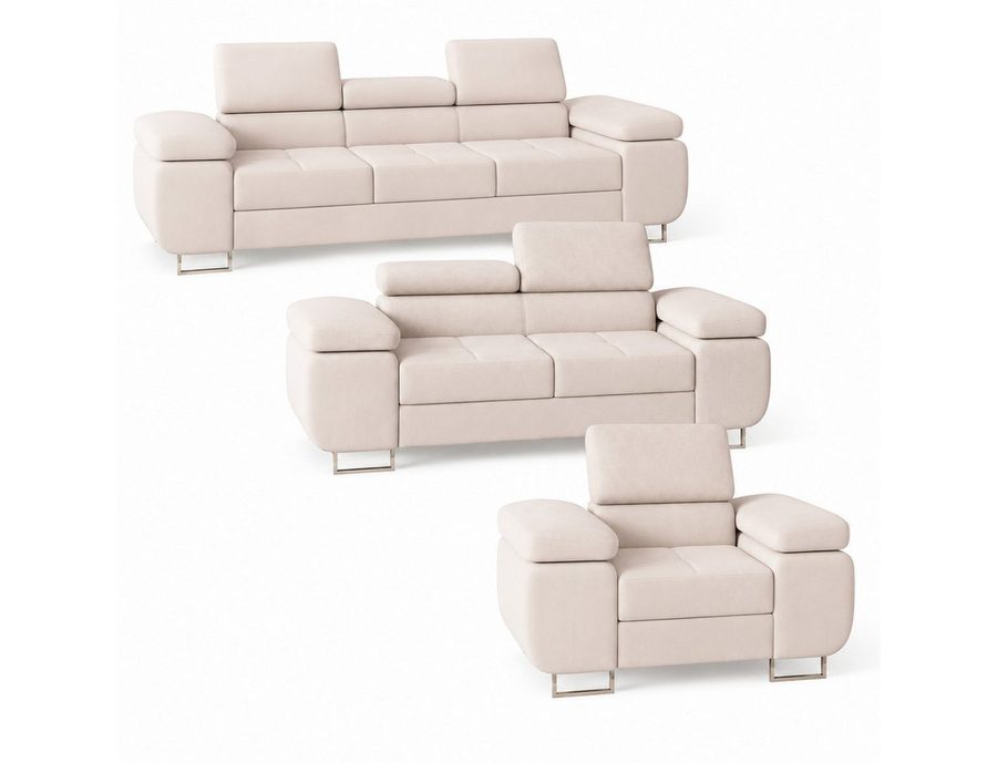 M-Punkt24 Polstergarnitur Miami, (SET 3-2-1, Samtstoff Creme), mit Bettfunktion und verstellbare Kopfstützen