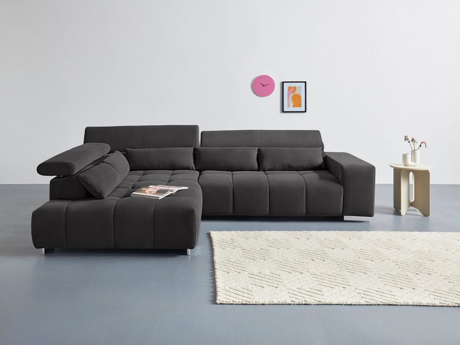 COTTA Ecksofa Orion L-Form, B: 310 cm, moderne Steppung, bequeme Wellenunterfederung, Kopfteilverstellung & 5 Nierenkissen