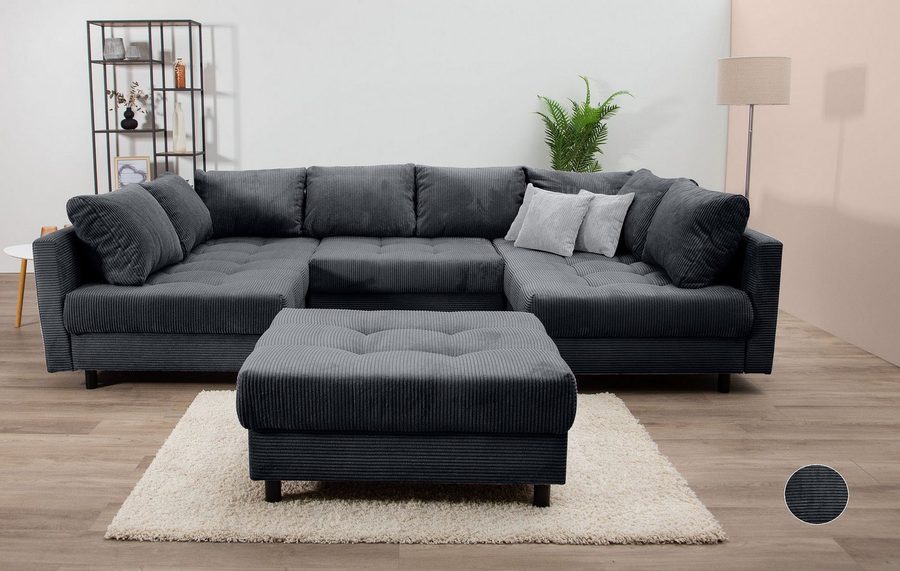 COLLECTION AB Wohnlandschaft Toni U-Form, B: 298 cm, XXL-Liegefläche 282x178 cm mit Hocker, Set: Sofa & Hocker, 3 Zierkissen, Federkern