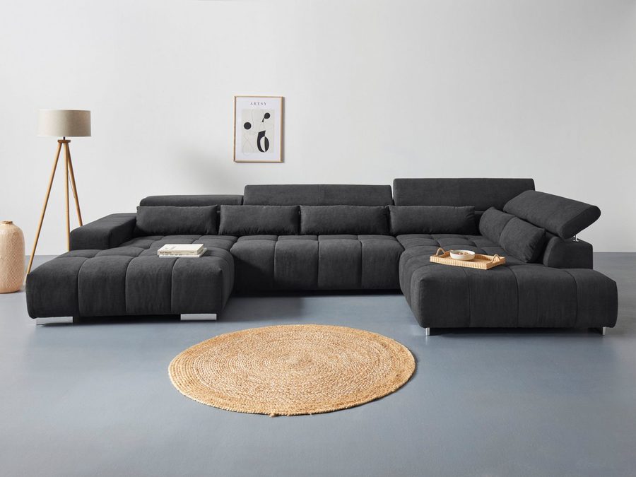 COTTA Wohnlandschaft Orion U-Form XXL, B: 409 cm, bequeme Wellenunterfederung, top modern, mit Kopfteilverstellung & 6 Nierenkissen