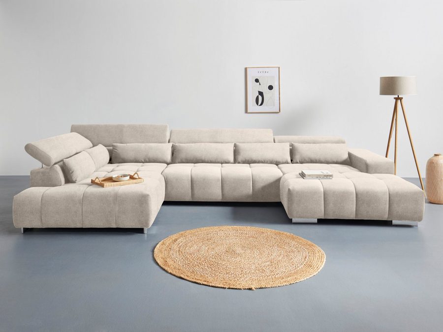 COTTA Wohnlandschaft Orion U-Form XXL, B: 409 cm, bequeme Wellenunterfederung, top modern, mit Kopfteilverstellung & 6 Nierenkissen