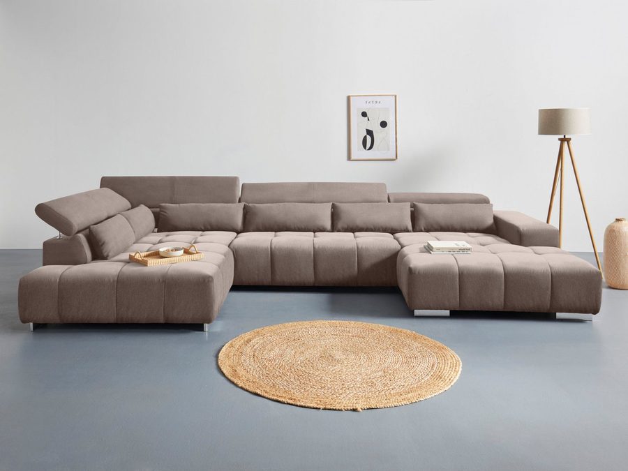 COTTA Wohnlandschaft Orion U-Form XXL, B: 409 cm, bequeme Wellenunterfederung, top modern, mit Kopfteilverstellung & 6 Nierenkissen