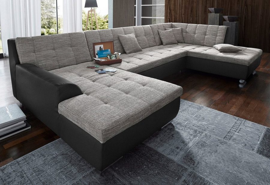 DOMO collection Wohnlandschaft TREVISO inkl. Zierkissen, moderne Steppung, XXL: 364x201x83 cm, wahlweise mit Bettfunktion, in vielen Bezugsarten auch in Cord U-Form