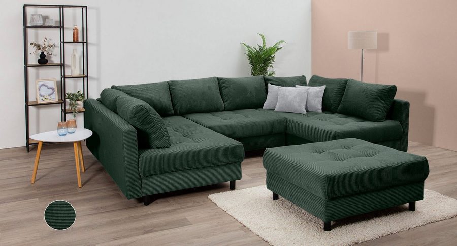 COLLECTION AB Wohnlandschaft Toni U-Form, B: 298 cm, XXL-Liegefläche 282x178 cm mit Hocker, Set: Sofa & Hocker, 3 Zierkissen, Federkern