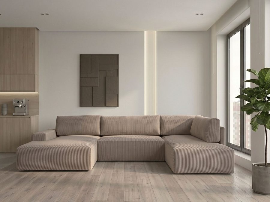 WERK2 Wohnlandschaft Rotterdam 325 x 190 cm, Mega viel Platz, Bett & Bettkasten, bequem, Cord, U-Form, XXL, Schlaffunktion, Bettkasten