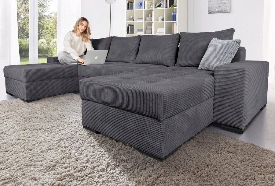 COLLECTION AB Wohnlandschaft Josy XL U-Form, B: 313 cm in Cord, Cord-Mix, Schlaffunktion, Bettkasten & 2 Zierkissen, Federkern