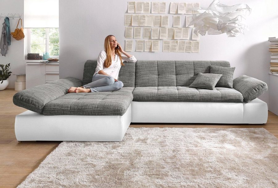 DOMO collection Ecksofa MORIC 300x172 cm, XXL-Sofa mit viel Platz, L-Form, auch in Cord, wahlweise mit Bettfunktion und Armteilverstellung, weiß-grau