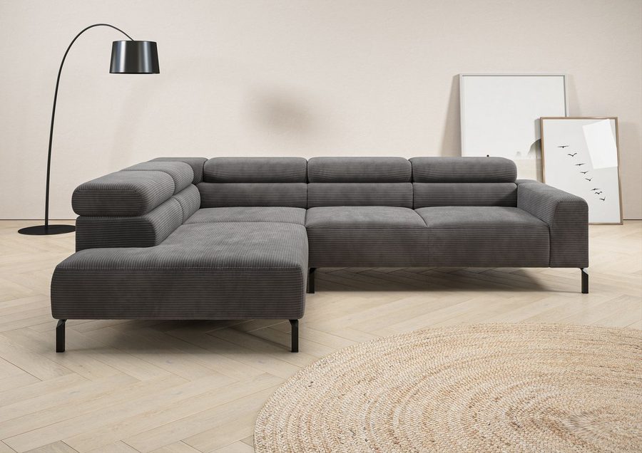 Home affaire Ecksofa Antonelli, L-Form, inkl. Kopfteilverstellung, Breite 276 cm, bequem, mit elektrischer Sitztiefenverstellung, in Cord, dunkelgrau