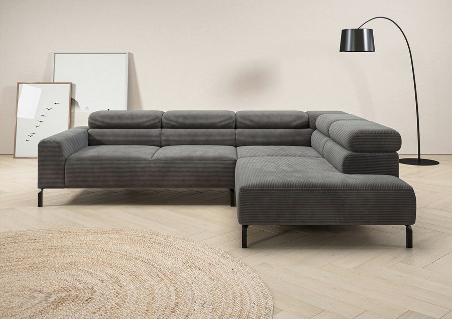 Home affaire Ecksofa Antonelli, L-Form, inkl. Kopfteilverstellung, Breite 276 cm, bequem, mit elektrischer Sitztiefenverstellung, in Cord, dunkelgrau