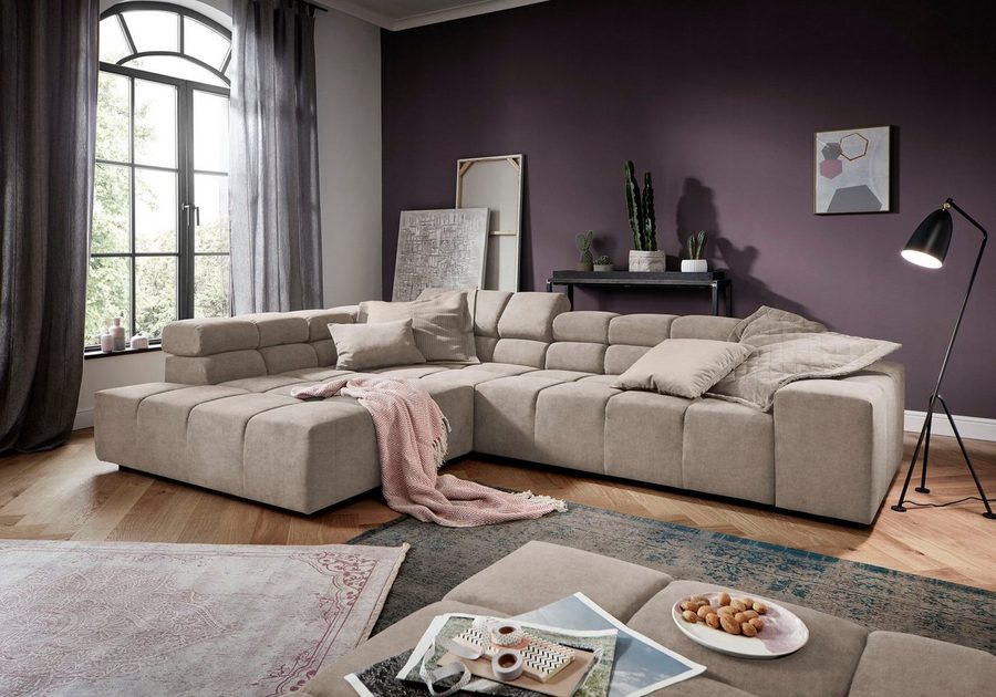 Home affaire Ecksofa Ancona, Ecksofa, incl. Kopfteilverstellung, Breite 319 cm, L-Form, wahlweise motorische Sitztiefenverstellung, auch in Cord + Easy Care
