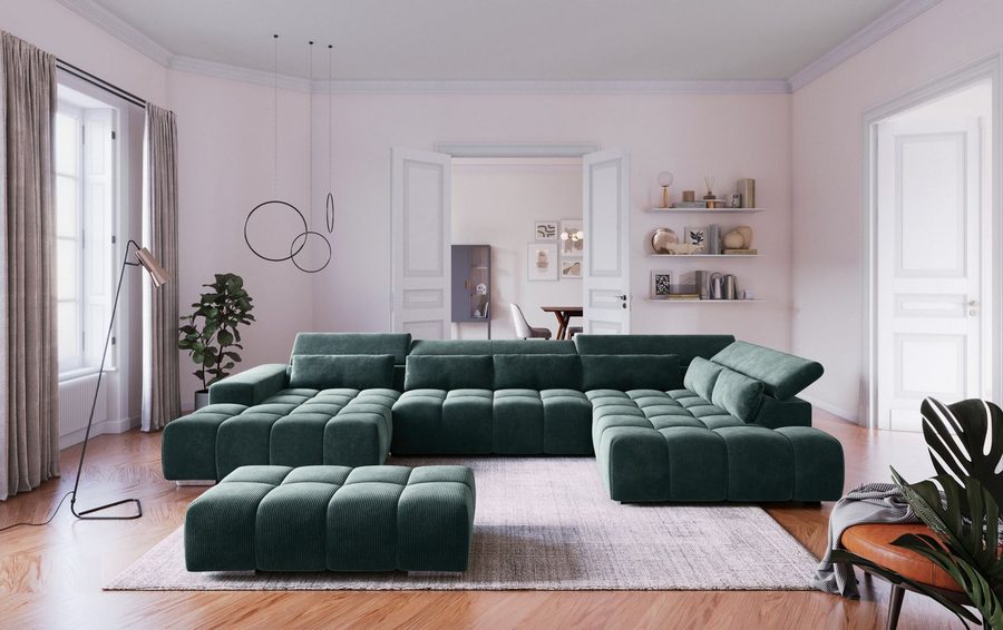 COTTA Wohnlandschaft Orion U-Form XXL, B: 409 cm, bequeme Wellenunterfederung, top modern, mit Kopfteilverstellung & 6 Nierenkissen