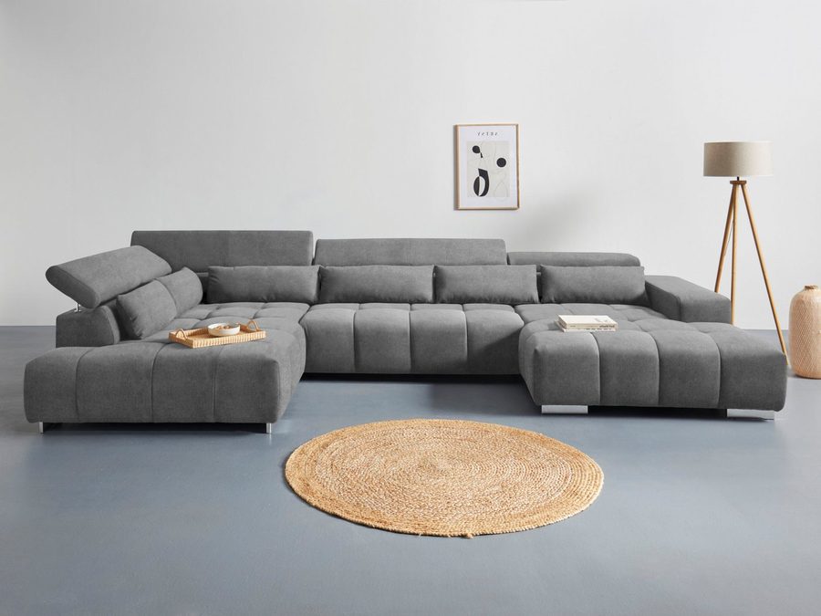 COTTA Wohnlandschaft Orion U-Form XXL, B: 409 cm, bequeme Wellenunterfederung, top modern, mit Kopfteilverstellung & 6 Nierenkissen