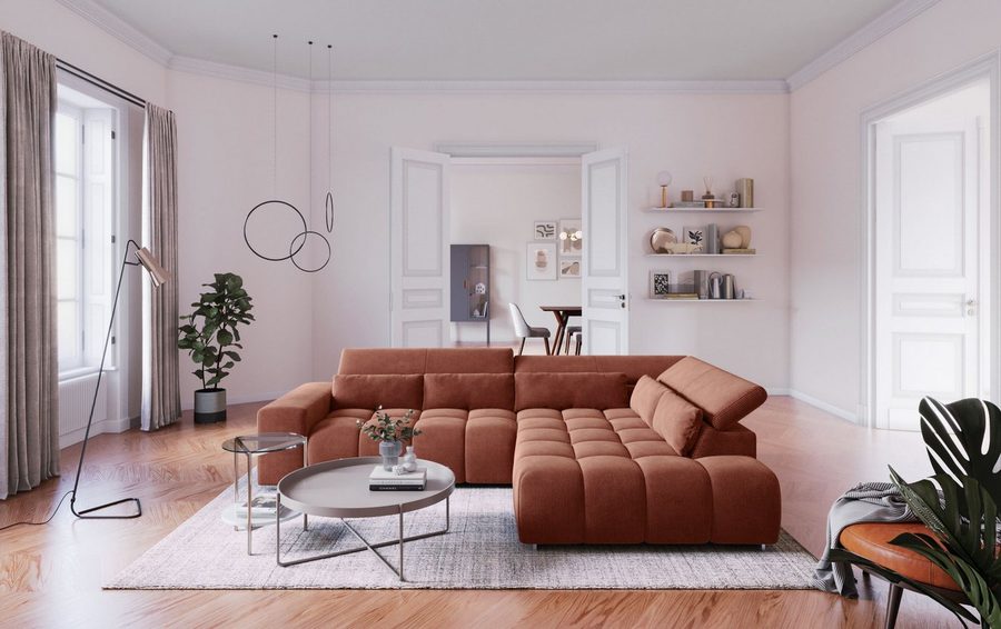 COTTA Ecksofa Orion L-Form, B: 310 cm, moderne Steppung, bequeme Wellenunterfederung, Kopfteilverstellung & 5 Nierenkissen