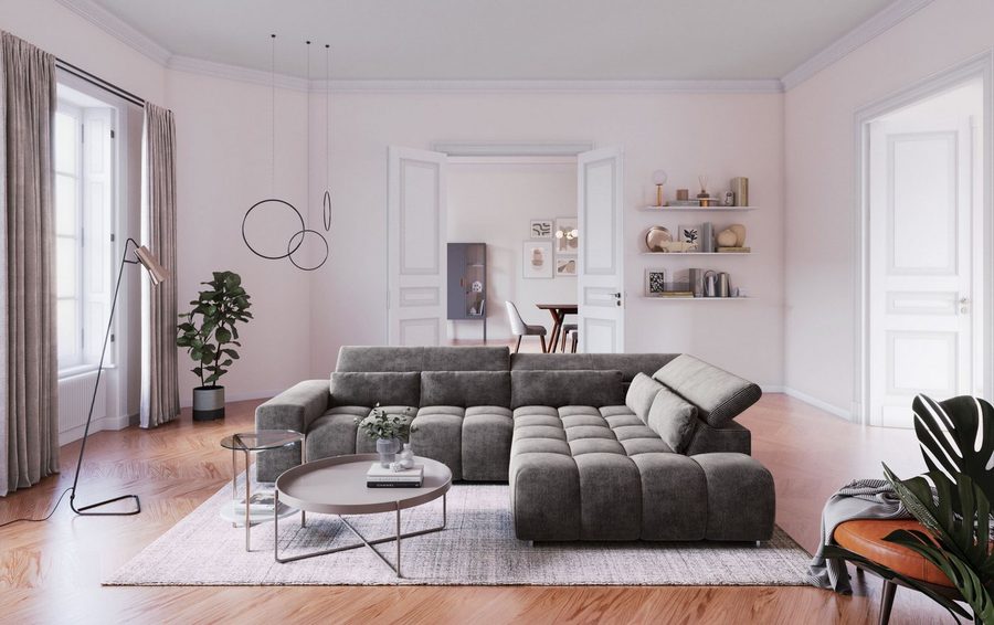 COTTA Ecksofa Orion L-Form, B: 310 cm, moderne Steppung, bequeme Wellenunterfederung, Kopfteilverstellung & 5 Nierenkissen
