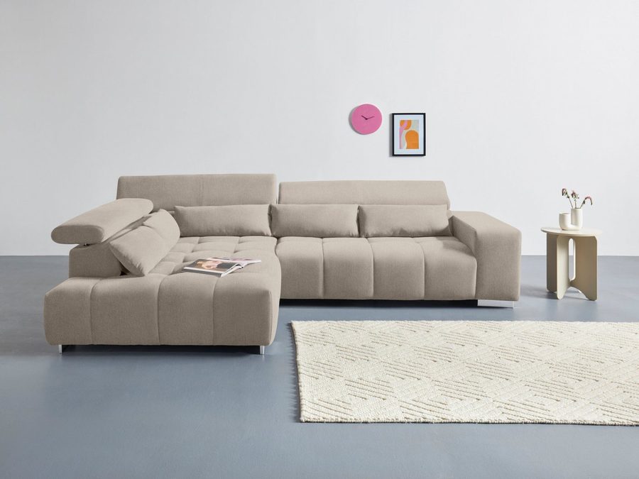 COTTA Ecksofa Orion L-Form, B: 310 cm, moderne Steppung, bequeme Wellenunterfederung, Kopfteilverstellung & 5 Nierenkissen