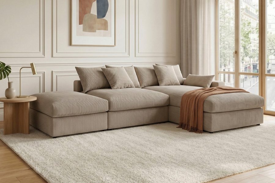 OTTO home Ecksofa Cosy Lounge L-Form, Breite 333 cm, Mega-Sofa mit Cordstoff bezogen, mit Federkern & 4 Zierkissen