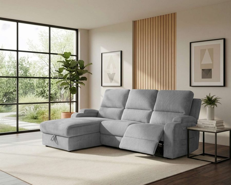 OTTO home Ecksofa NAPORI Cord, L-Form, 210cm, man./elektr. Relaxfunktion, USB-A bei elektr. Variante, Staukasten, Seitentaschen u. Federkern