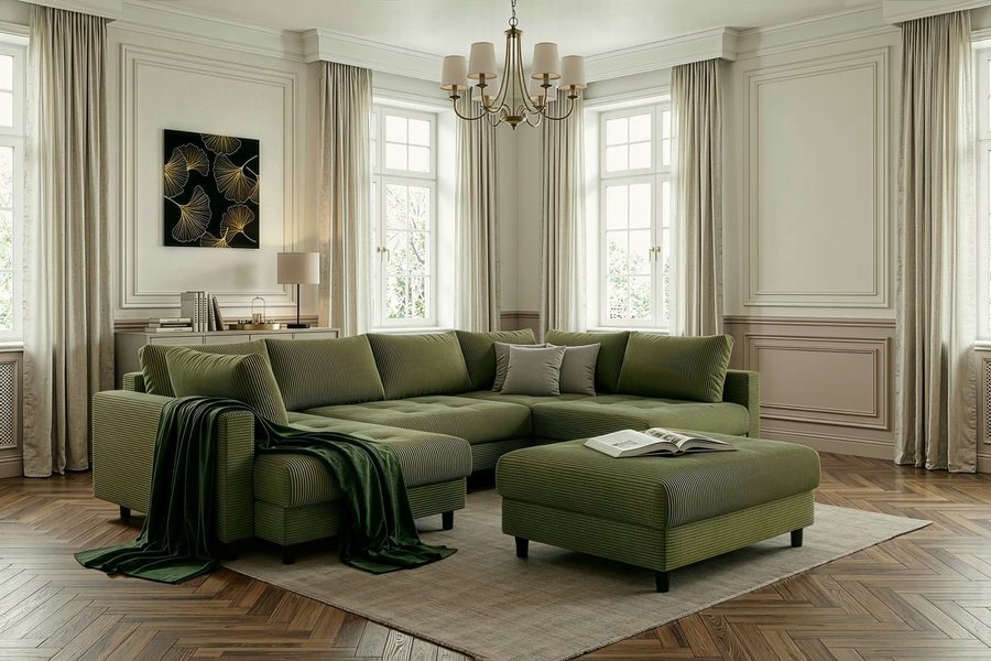 COLLECTION AB Wohnlandschaft Toni U-Form, B: 298 cm, XXL-Liegefläche 282x178 cm mit Hocker, Set: Sofa & Hocker, 3 Zierkissen, Federkern