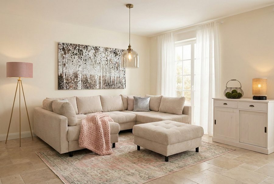 COLLECTION AB Wohnlandschaft Toni U-Form, B: 298 cm, XXL-Liegefläche 282x178 cm mit Hocker, Set: Sofa & Hocker, 3 Zierkissen, Federkern