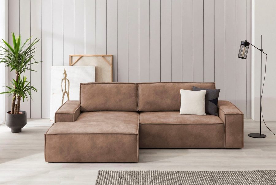 OTTO home Ecksofa SHERWOOD Vintage Lederoptik L-Form, 267 cm, Schlaffunktion mit Bettkasten (210x136 cm), Cord, Vintage, Samtvelours