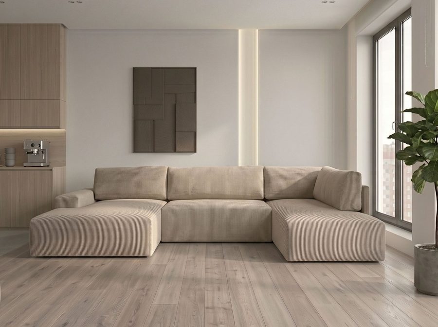 WERK2 Wohnlandschaft Rotterdam 325 x 190 cm, Mega viel Platz, Bett & Bettkasten, bequem, Cord, U-Form, XXL, Schlaffunktion, Bettkasten