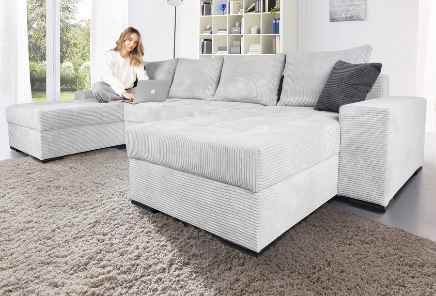 COLLECTION AB Wohnlandschaft Josy XL U-Form, B: 313 cm in Cord, Cord-Mix, Schlaffunktion, Bettkasten & 2 Zierkissen, Federkern