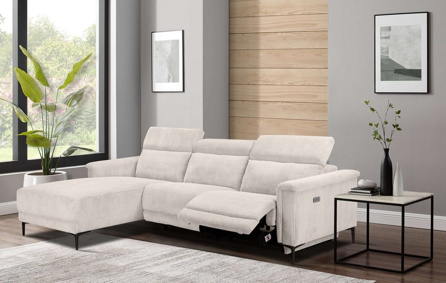 OTTO home Ecksofa LUND Cord, L-Form, 261 cm, man. o. elektr. Relaxfunktion (mit USB-A), mit USB A-Anschluss bei elektrischer Variante und Kopfteilverstellung