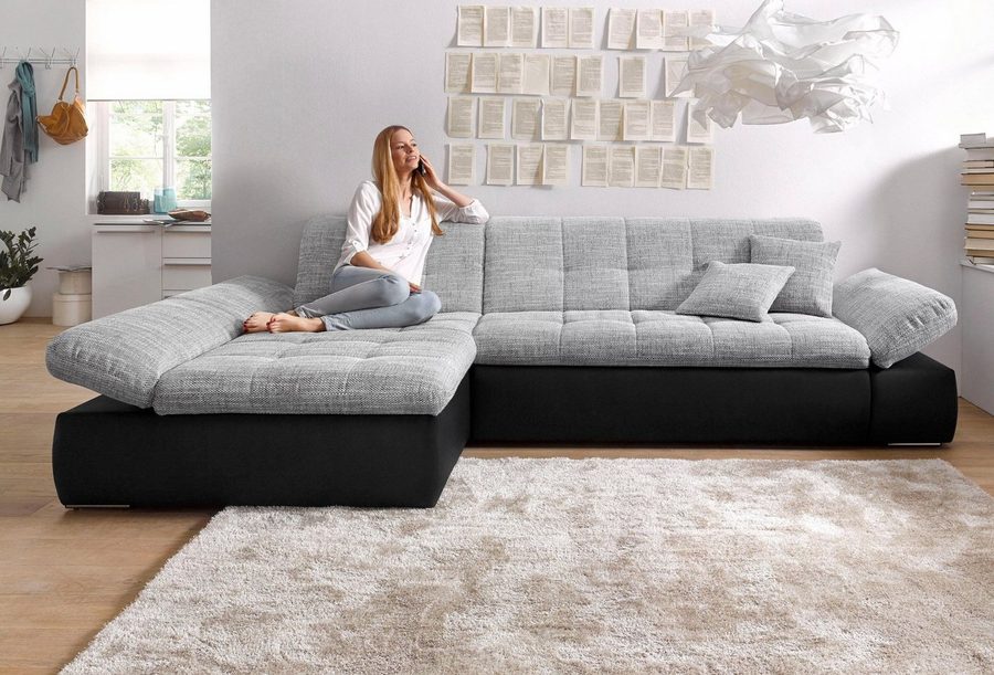 DOMO collection Ecksofa MORIC 300x172 cm, XXL-Sofa mit viel Platz, L-Form, auch in Cord, wahlweise mit Bettfunktion und Armteilverstellung, schwarz-silber
