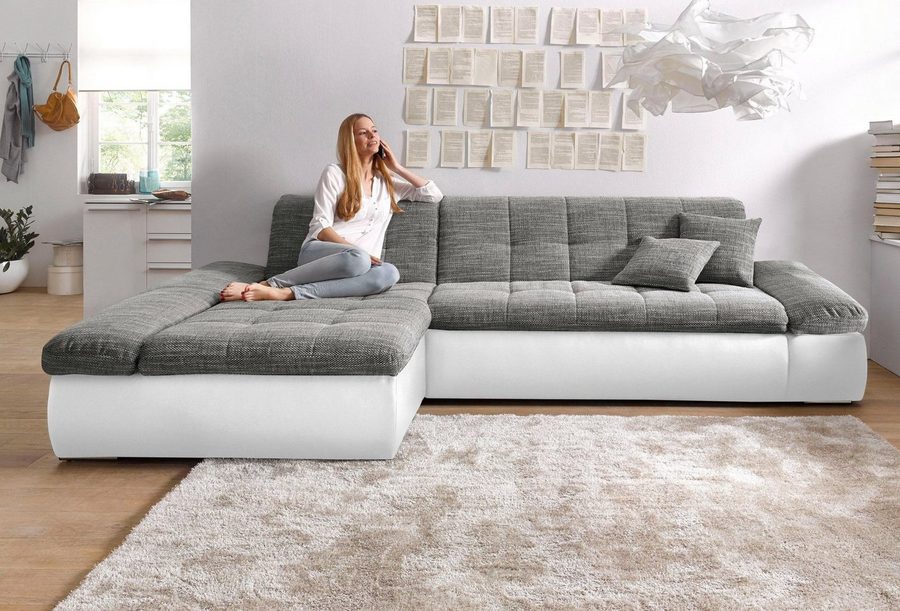 DOMO collection Ecksofa MORIC 300x172 cm, XXL-Sofa mit viel Platz, L-Form, auch in Cord, wahlweise mit Bettfunktion und Armteilverstellung., weiß-grau