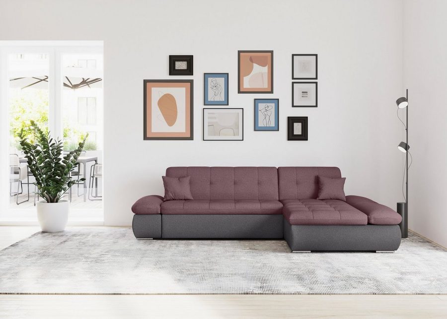 DOMO collection Ecksofa MORIC 300x172 cm, XXL-Sofa mit viel Platz, L-Form, auch in Cord, wahlweise mit Bettfunktion und Armteilverstellung, grau-beere