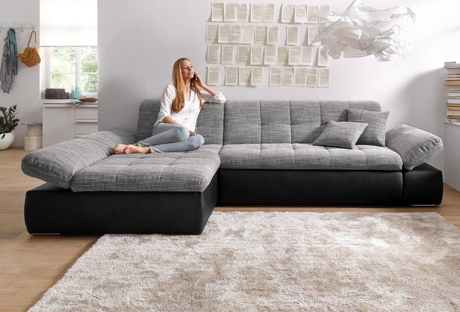 DOMO collection Ecksofa MORIC 300x172 cm, XXL-Sofa mit viel Platz, L-Form, auch in Cord, wahlweise mit Bettfunktion und Armteilverstellung. Schwarz-weiß-grau