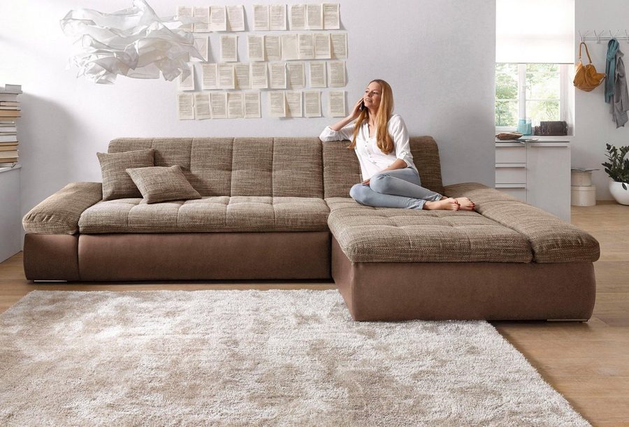 DOMO collection Ecksofa MORIC 300x172 cm, XXL-Sofa mit viel Platz, L-Form, auch in Cord, wahlweise mit Bettfunktion und Armteilverstellung, beige-braun