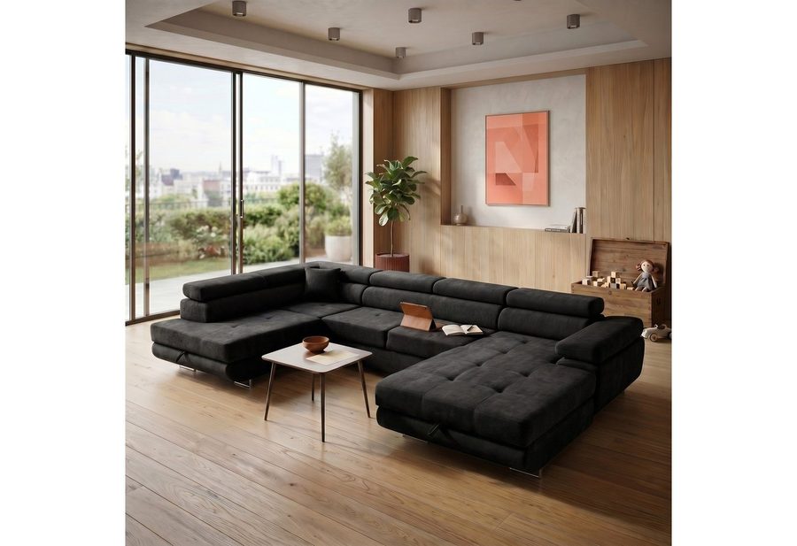 Muffo Ecksofa WILD U, Verstellbare Kopfstützen, elegante Metallbeine, 2 Bettzeugkasten, gelegentliche Schlaffunktion