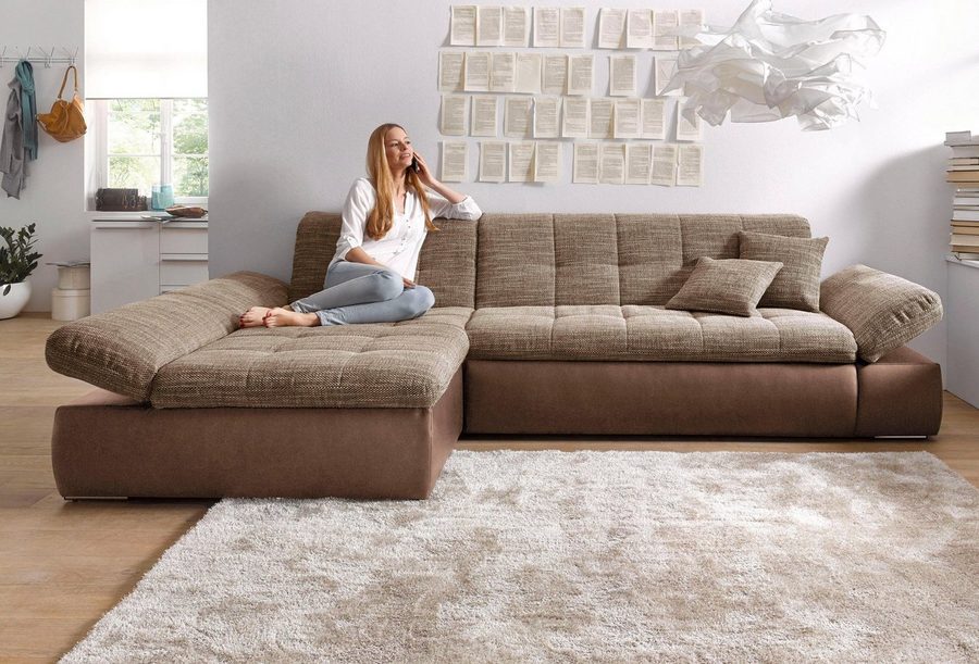 DOMO collection Ecksofa MORIC 300x172 cm, XXL-Sofa mit viel Platz, L-Form, auch in Cord, wahlweise mit Bettfunktion und Armteilverstellung, beige-braun