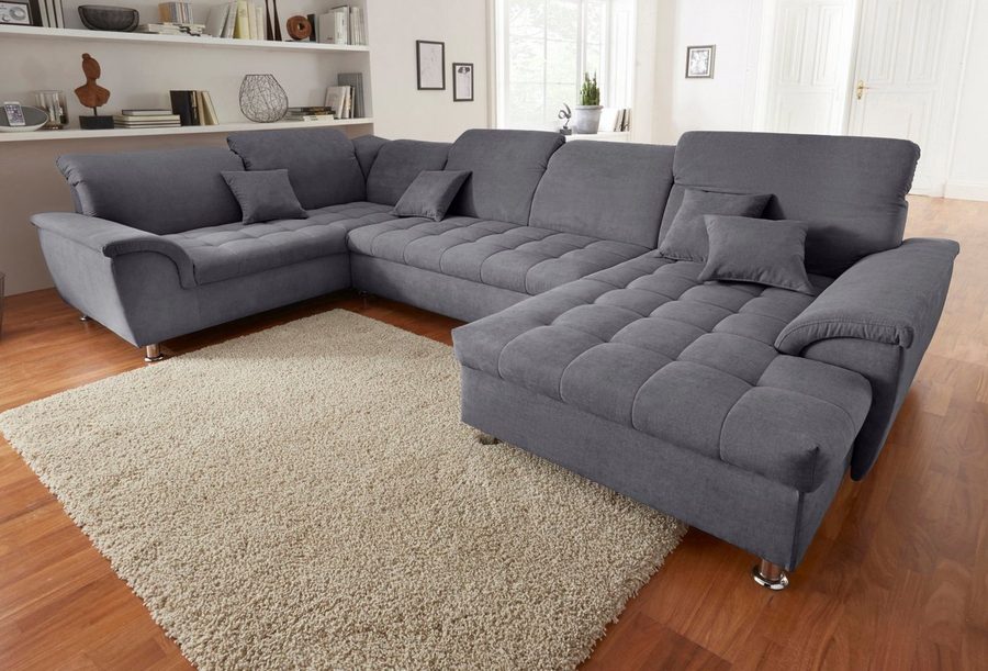 DOMO collection Wohnlandschaft FRANZI optional mit Bettfunktion, Bettkasten & Kopfteilverstellung, U-Form, Recamiere rechts, dunkelgrau, B/T: 352/214 cm