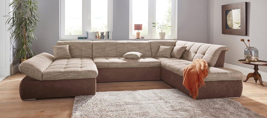 DOMO collection Wohnlandschaft PB MORIC wahlweise mit Bettfunktion und Armteilverstellung U-Form, XXL-Format B/T/H: 353/216/80 cm, feine Steppung, incl. Zierkissen