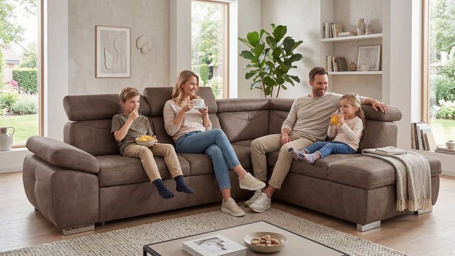 exxpo - sofa fashion Ecksofa Spring, super bequem, mit Armteil- und Kopfteilfunktion, mit Bettfunktion & Bettkasten, Luxus-Microfaser +Simply Clean!