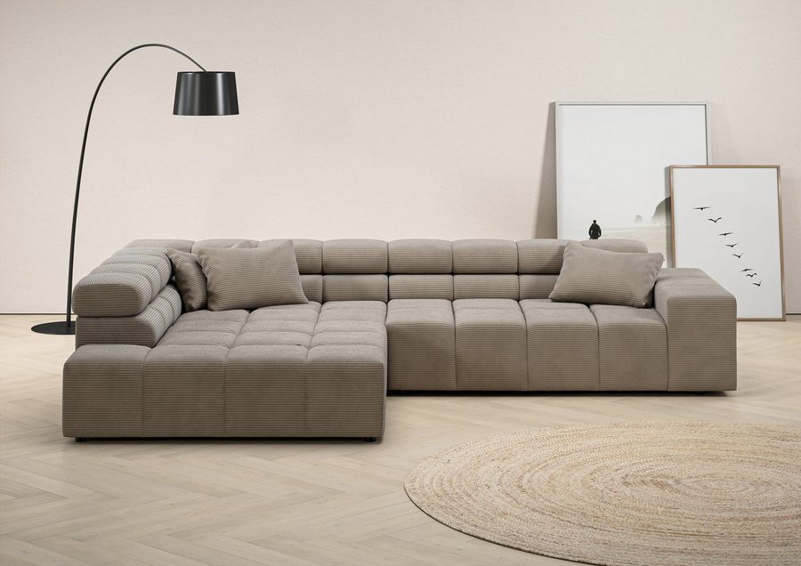 Home affaire Ecksofa Ancona, Ecksofa, incl. Kopfteilverstellung, Breite 319 cm, L-Form, wahlweise motorische Sitztiefenverstellung, auch in Cord + Easy Care