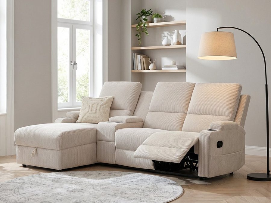 OTTO home Ecksofa NAPORI Cord, Multimediasofa, 3er Kinosessel XXL, L-Form, Kinosofa, manuelle o. elektr. Relaxfunktion, Staufach, Getränkehalter
