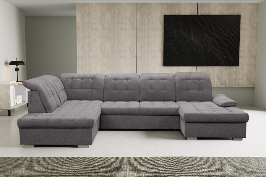 WERK2 Wohnlandschaft Kordula-New 332 x 217 cm Multifunktion, viel Platz, modern & bequem, Luxus-Microfaser Chenille, U-Form, XXL, Sitztiefenverstellung