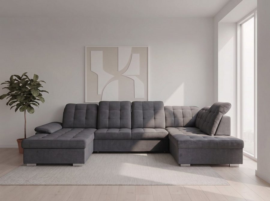 WERK2 Wohnlandschaft Kordula-New 332 x 217 cm Multifunktion, viel Platz, modern & bequem, Struktur weich, U-Form, XXL, Sitztiefenverstellung, Schlaffunktion