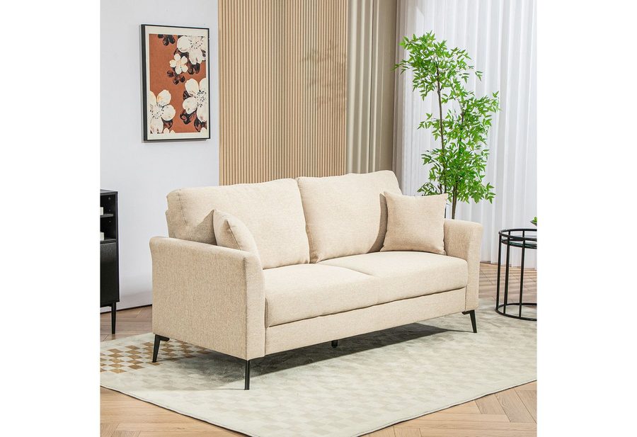 HOMCOM 2-Sitzer Sofa, Couch, Polstersofa mit Leinenoptik, Metallbeine, Doppelsofa 1 Teile, für Wohnzimmer, Schlafzimmer, 117 x 80 x 89 cm, Beige von HOMCOM