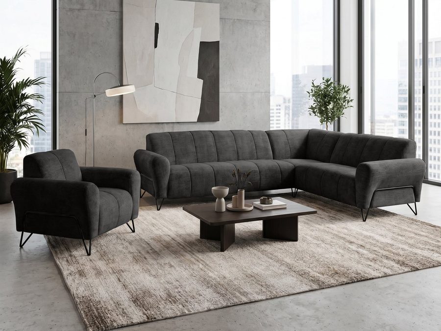 Beautysofa Polstergarnitur im modernen Stil auf hohen Metallbeinen VOLARE, (Sofagarnitur aus Chenille-Stoff, Beige Grau, Ecksofa L + Sessel Set moderne Couchgarnitur), HR-Schaum, Wellenfederung, freistehend