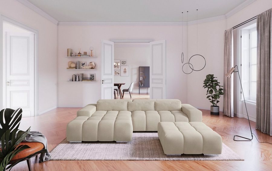 COTTA Ecksofa Orion L-Form, B: 307 cm, moderne Steppung, bequeme Wellenunterfederung, 2x Kopfteilverstellung & 3 Nierenkissen