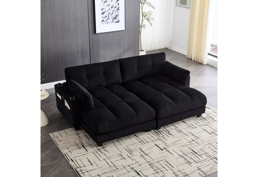 KLAM HOME Schlafsofa Ecksofa Palmensessel Relaxsofa Polstermöbel mit 2Becherhaltern&USB, mit eine Seitentaschen, Cordstoff, Sitzsack mit rollenden polstern, Perfekt für Wohnzimmer, Schlafzimmer, Jugendzimmer, Gästezimmer